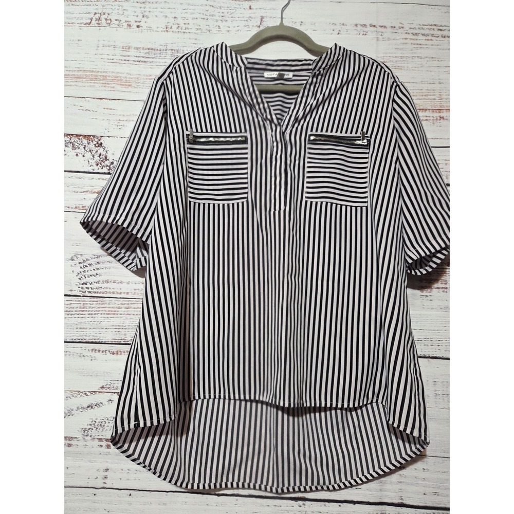 Notations Womens Large Black White Striped Zipper Pocket High Low Blouse Top